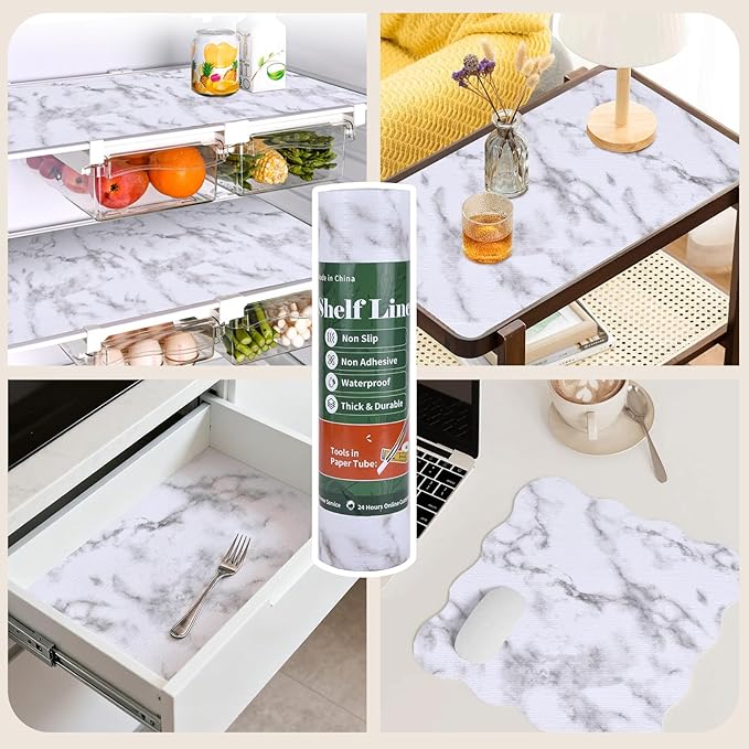 Shelf Liners for Kitchen Cabinets 12in x 30FT, Non Adhesive Drawer Liner Marble Pattern Thickened Shelf Liner Non-Slip Easy to Clean for Tool Box Refrigerator with Knife and Tape Measure