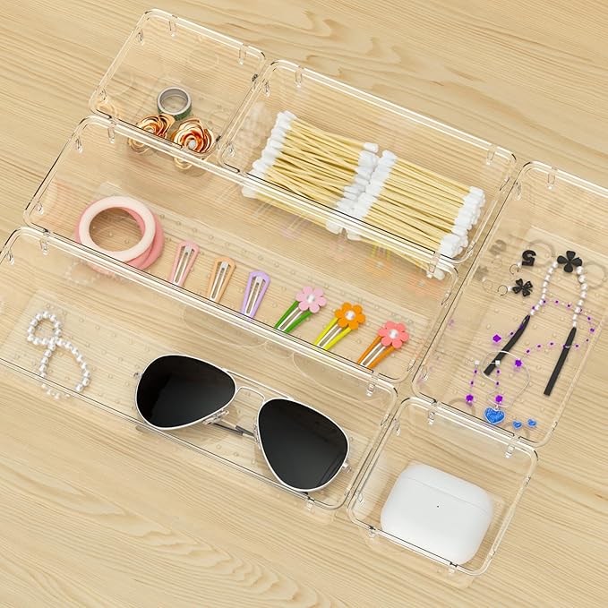 WOWBOX 12 Pack Clear Drawer Organizer Set, Acrylic Drawer Storage Trays, Storage Bins for Makeup, Cosmetics, Jewelry, Utensils, Gadgets, Office
