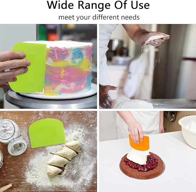 Dough Scraper Bench Scraper for Baking, 4 PCs BPA Free PE Plastic Flexible Bowl Scraper, Food-safe Plastic Dough Cutter for Bread Cake Dough Fondant Icing (White, Green, Orange, Pink)