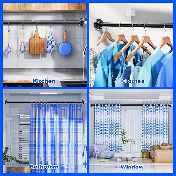 Ausemku Shower Curtain Rod - 32-92 Inch Rustproof Tension Rod, Non-Slip Spring Design, No Drilling Adjustable Curtain Rod for Bathroom, Kitchen, and Closet (Black)