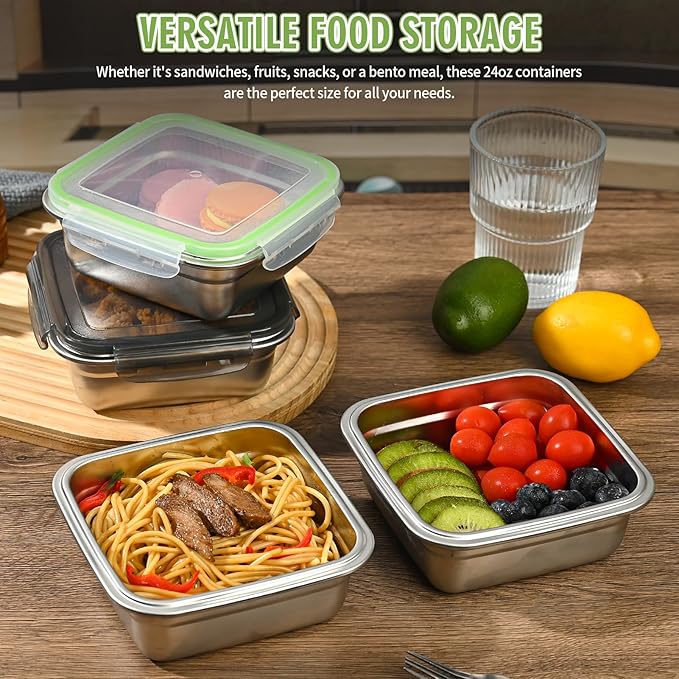 4 Pack 24oz Stainless Steel Sandwich Containers with Airtight Leak-Proof Lids, Reusable Metal Lunch Boxes for Meal Prep, Bento, Snack, Travel & Family, BPA-Free Dishwasher Safe (Green, Black)