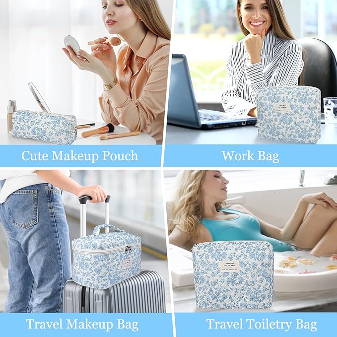 Makeup Bag Set, Cute Cosmetic Bag for Women Girls, Floral Coquette Aesthetic Toiletry Bag, Travel Make Up Organizer Bag(Pink Check)