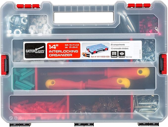 Small Parts Organizer Box – Stackable Hardware Storage Case with 20 Compartments & 12 Dividers – Heavy-Duty Nylon Screw, Drill Bit, Nut & Bolt Organizer for Garage, Toolbox, Workshop