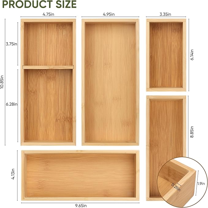Bamboo Drawer Organizers Set, 5-Piece Multi-Use Wood Storage Organizers, Desk Drawer Tray for Kitchen, Bathroom, Office, Dresser, Bamboo Box Bin for Jewelry, Makeup, Junk, Gadgets