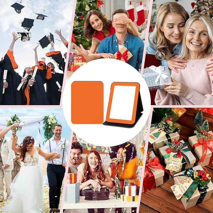 Portable Mirror, Folding Travel Makeup Mirror Adjustable Stand for Desk Compact Personal Hand Mirror for Makeup, Shaving, Home, Camping, Office & On-The-Go (Orange)