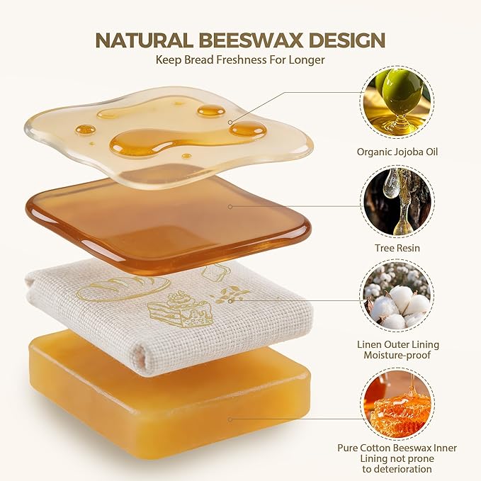 2-Pack Beeswax Bread Bag,17"×13"Reusable Organic Bread Bags for Homemade Bread Sourdough,Linen Outer Lining and Pure Cotton Beewax Inner Lining Moisture-proof &Fresh-Preserving Bags Keeps Fresh Longer