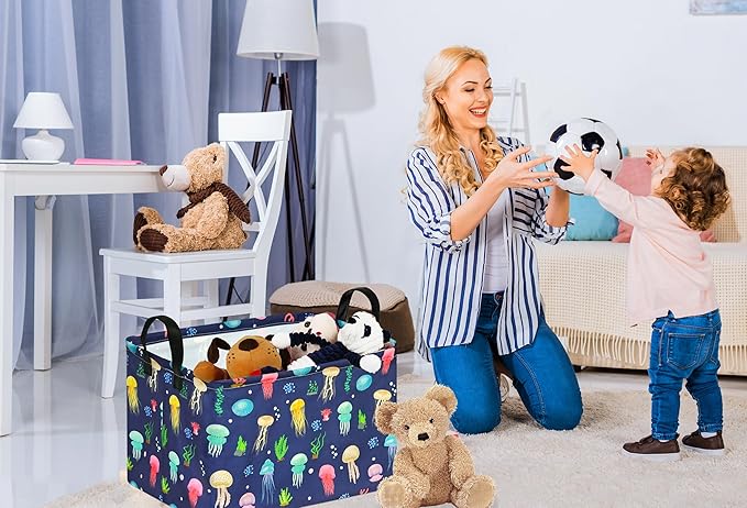 KUNRO Rectang Storage Basket Gift Shelf Basket Storage Bin, Nursery Basket Organizer Box for With Handles for Room Deco (Colorful Jellyfish)