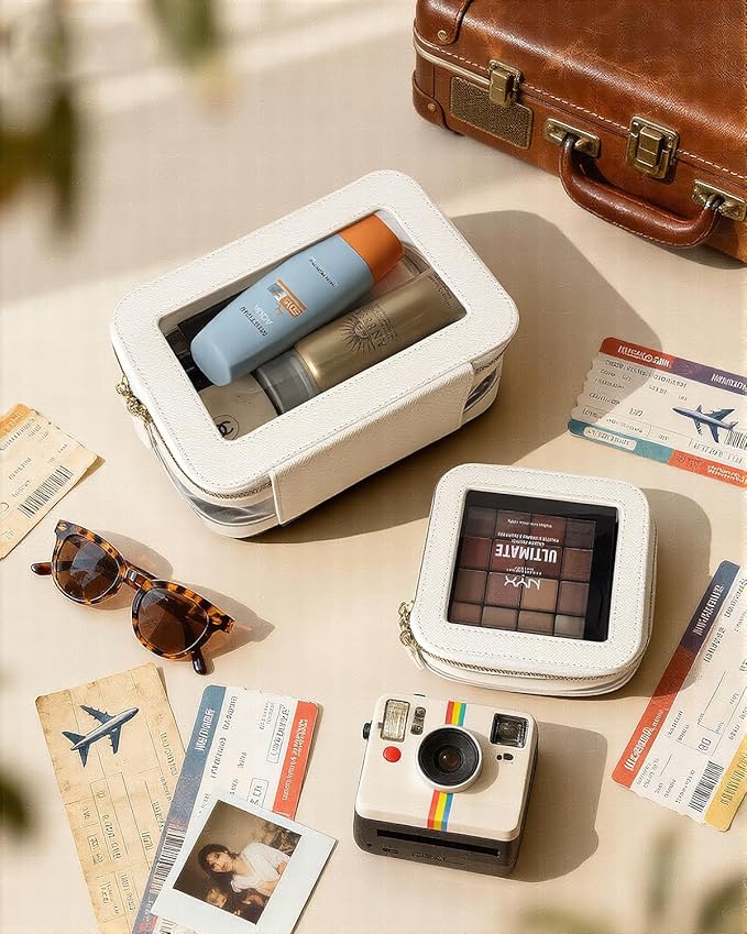 Clear Makeup Bag Small, Mini Portable Clear Makeup Bag for Purse Cute Waterproof Travel Cosmetic Case Makeup Pouch TSA Approved Toiletry Bag Women Traveling Car Organizer Car Essentials (White, Mini)