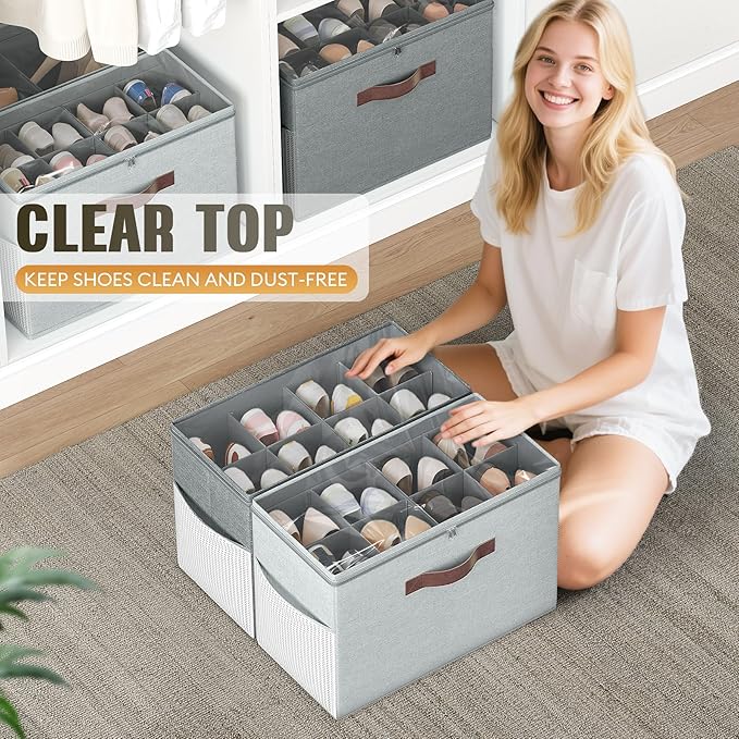 Budding Joy 2 Pack Shoe Organizer for Closet, Clear Foldable Shoe Storage Containers with Adjustable Dividers, Fits 16 Pairs, Shoe Storage Bins Baskets Boxes with Reinforced Handles, Light Grey Greenish Grey