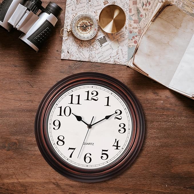 HYLANDA Wall Clock, 12 Inch Vintage Retro Silent Quality Wall Clocks Battery Operated Non-Ticking, Round Decorative Kitchen Home Office Bedroom Living Room(Bronze)