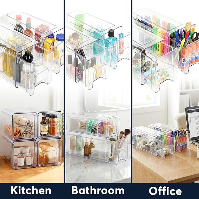 Sorbus Clear Stackable Storage Drawers, 4-Piece Set – 1 Large, 1 Medium & 2 Small Pull-Out Plastic Organizer Bins with Handles for Bathroom, Closet, Pantry, Cabinet & Medicine Storage