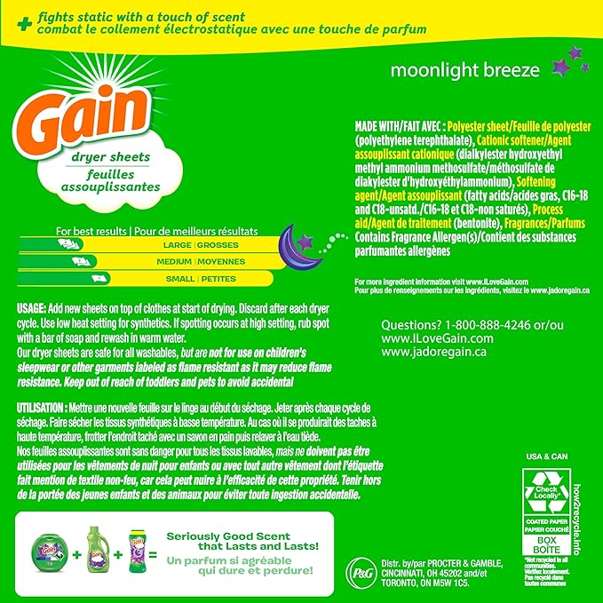 Gain Moonlight Breeze Anti Static Dryer Sheet, For Laundry Wrinkle Care, 240 Count