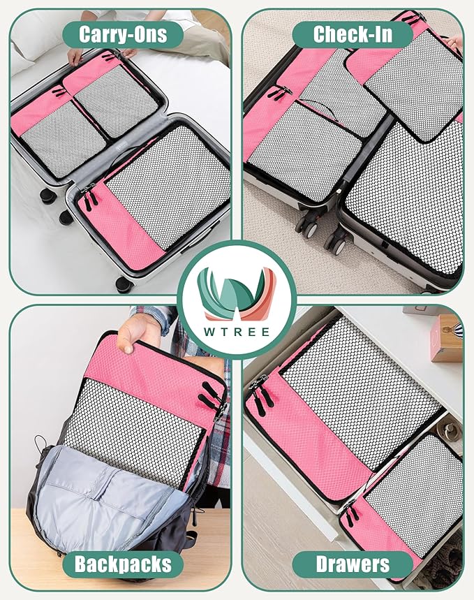 4-Piece Packing Cubes Travel Accessories Set for Suitcases - Luggage Organizer Bags with Double Zipper - Mesh Top - Large - Pink