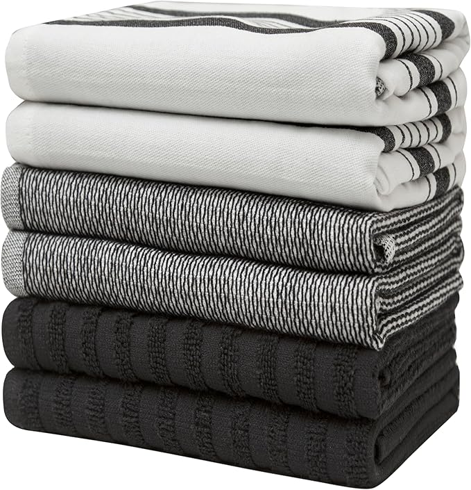 Premium Kitchen Towels (20”x 28”, 6 Pack) | Large Cotton Dish Towels | Flat & Terry Highly Absorbent Kitchen Linen Set with Hanging Loop | Black Striped