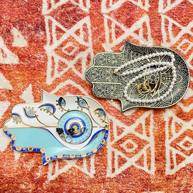 Exquisite Small Ceramic Jewelry Tray - Trinket Dish Evil Eye Decor, Gold Plate Ring Holder, Modern Boho Home Essentials, Perfume Organizer, Witchy, Aesthetic Room Decor (Black Hamsa)