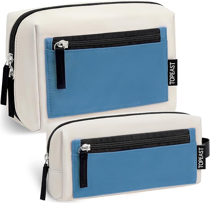 TOPEAST Makeup Bag, 2Pcs Travel Cosmetic Bag for Women, Portable Toiletry Pouch Set, Wide-Opening Waterproof Makeup Purse Organizer, Beige Blue