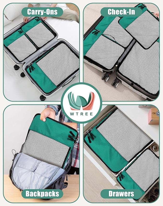 4-Piece Packing Cubes Travel Accessories Set for Suitcases - Luggage Organizer Bags with Double Zipper - Mesh Top - Large - Green
