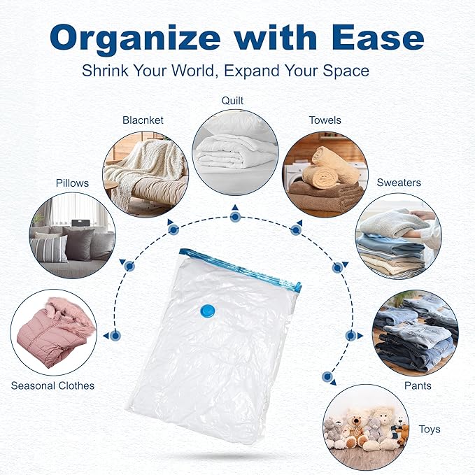 HOUSE DAY 18 Pack Vacuum Storage Bags with Electric Pump, Valve, Space Saver Vacuum Seal Bags for Clothing, Comforters, and Travel Essentials 3 Jumbo, 3 Large, 3 Medium, 3 Small/3 Small, 3 XS Roll-Up Bag