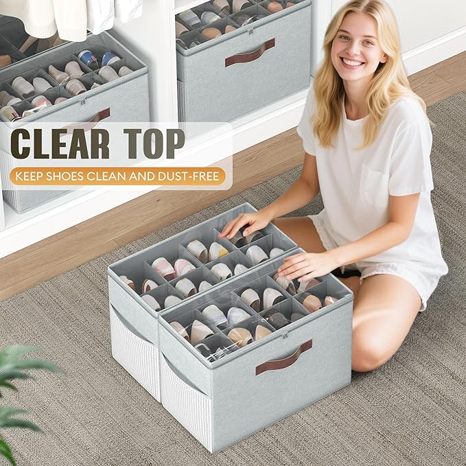 Budding Joy 2 Pack Shoe Organizer for Closet, Clear Foldable Shoe Storage Containers Adjustable Dividers Fits 16 Pairs, Shoe Storage Bins Baskets Boxes with Reinforced Handles Light Grey