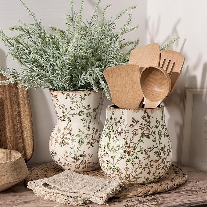 JIEMEI HOME Kitchen Utensil Holder, 6.3" Ceramic Rustic Utensil Crock for Countertop, Farmhouse Cooking Tool Organizer, Spatula Holder For Kitchen Decor, Green and Brown Floral