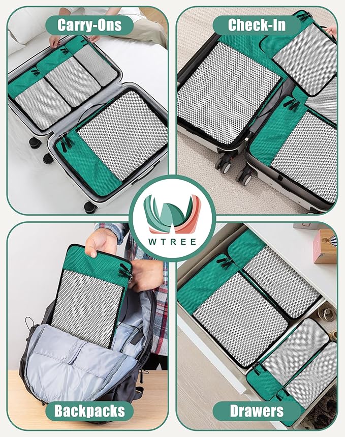 4-Piece Packing Cubes Travel Accessories Set for Suitcases - Luggage Organizer Bags with Double Zipper - Mesh Top - Small/Medium/Large/Slim - Green