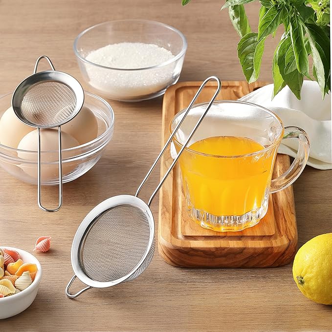 2 Pack Fine Mesh Strainers, Mini Stainless Steel Strainer with Handle for Kitchen, Metal Sieve Sifters for Straining Tea, Matcha, Cocktail, Juice and Coffee (8.6in 7.5in)