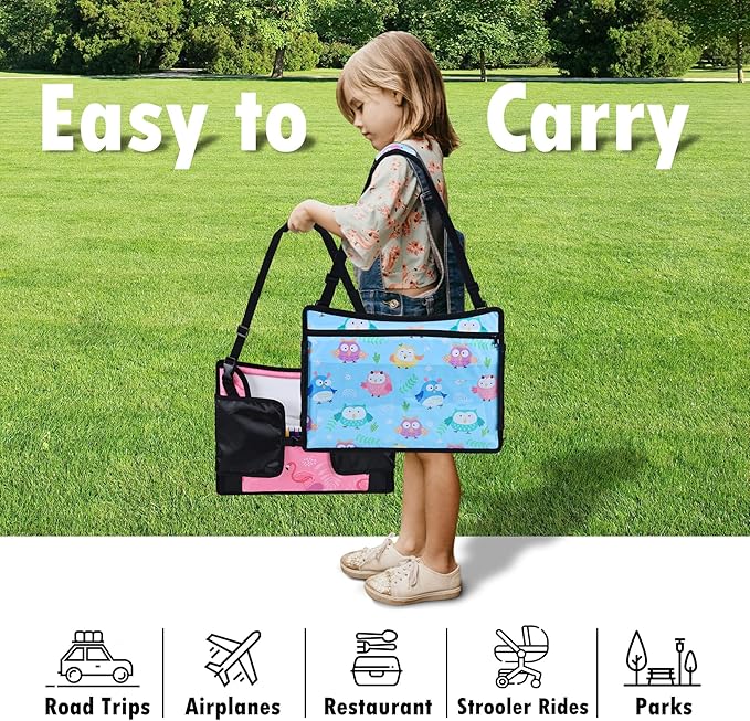 2PCS Kids Travel Tray, Car Seat Tray for kids Travel, Toddler Road Trip Essentials With Drawing Kit, Toddler Lap Desk Organizer for Car, Carseat Table for Airplane