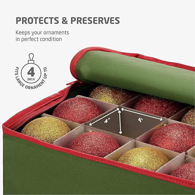 ZOBER Large Christmas Ornament Storage Box - Stores 54 4" Large Ornaments, With Dividers - Ornament Organizer Storage Box, Durable Christmas Containers Holder, Dual Zipper - Green