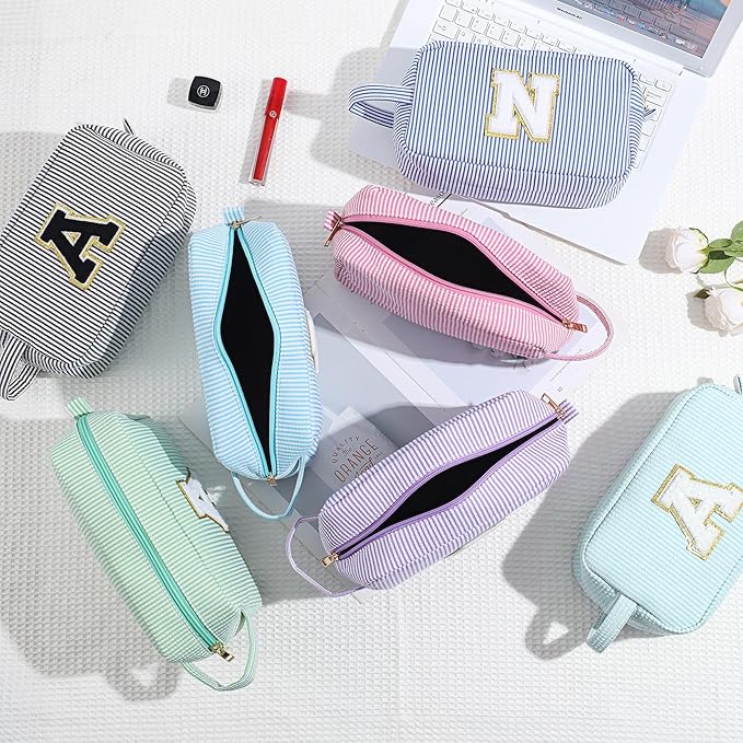 YOOLIFE Initial Makeup Bag for Women - Monogram Cute Pink Makeup Bags Cosmetic Toiletry Pouch Make Up Case for Women Her Best Friend Friendship Sister Teacher, Personalized Birthday Gifts for Women J