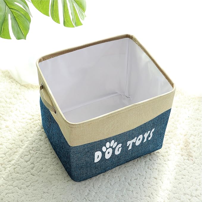 PET ARTIST Large Dog Toy Basket Bin - Rectangular Storage Box Chest Organizer for Dog Toys,Coats,Clothing,Apparel & Accessories & Blanket,Navy Blue,15"x13"x12"