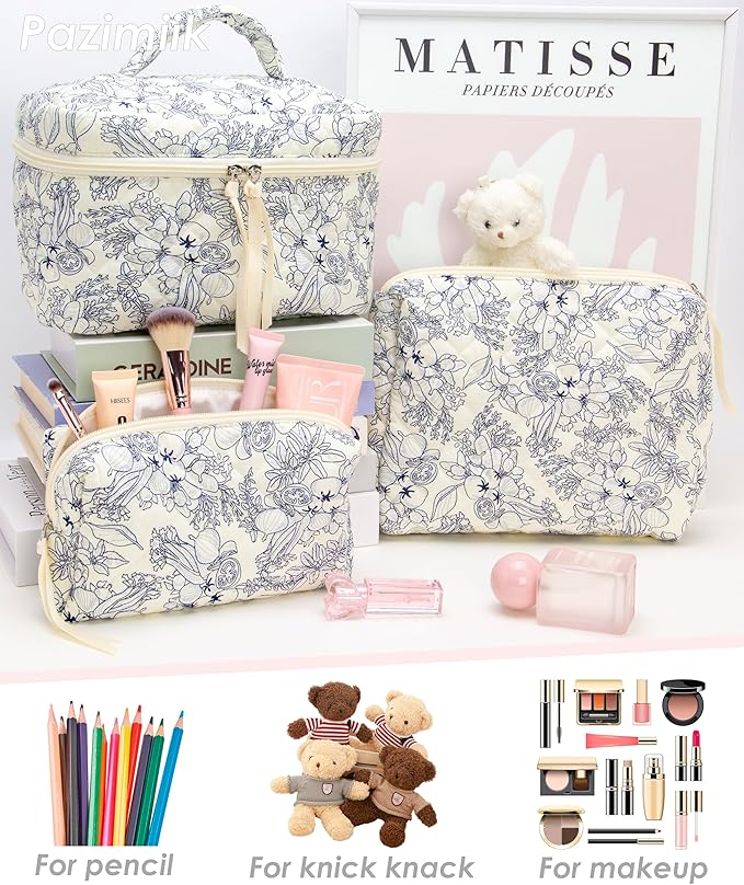 PAZIMIIK 3PCS Makeup Bag SET Large Travel Quilted Zipper Soft Cosmetic Case Pouch for Women Girls Make Up, Flower White