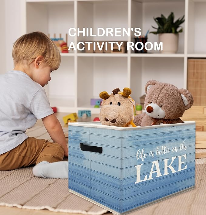 Lake House Storage Bins Box with Handles, Life Is Better On the Lake Collapsible Fabric Storage Basket Box Organizer for Bedroom Bathroom Clothes Toys Books
