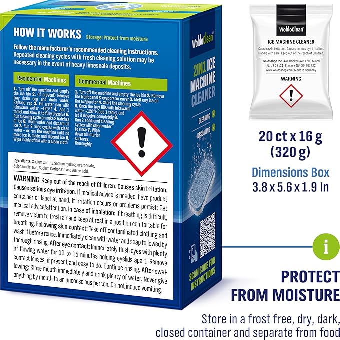 WoldoClean Ice Machine Cleaner Tablets 20 Count - 2in1 Descaler, Extra Strength 16g Dual Action for Countertop, Nugget, Portable and Commercial Makers, Nickel