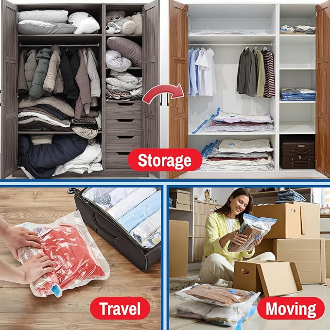 5 Pack Large Vacuum Storage Bags for Comforters, Blankets & Clothes – Vacuum Sealed Compression Bags with Hand Pump – Space Saver Storage Bags for Bedding, Moving, Travel & Organization