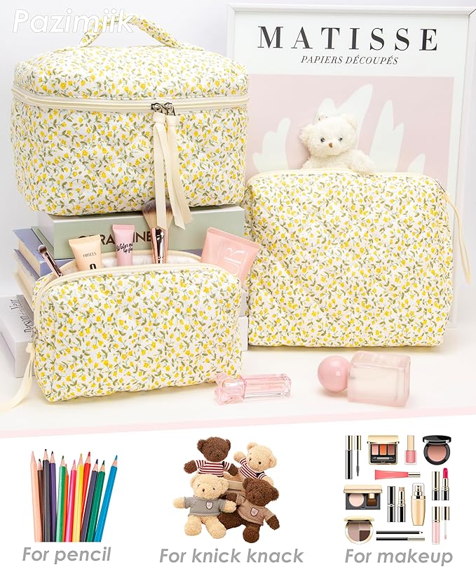 PAZIMIIK 3PCS Makeup Bag Set Large Travel Quilted Zipper Soft Cosmetic Case Pouch for Women Girls Make Up, Floral Yellow