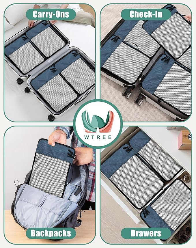 4-Piece Packing Cubes Travel Accessories Set for Suitcases - Luggage Organizer Bags with Double Zipper - Mesh Top - Medium - Dark Blue