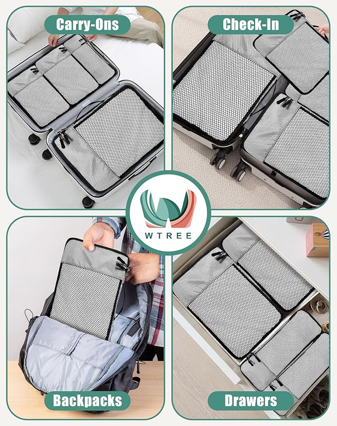 4-Piece Packing Cubes Travel Accessories Set for Suitcases - Luggage Organizer Bags with Double Zipper - Mesh Top - Small/Medium/Large/Slim - Grey