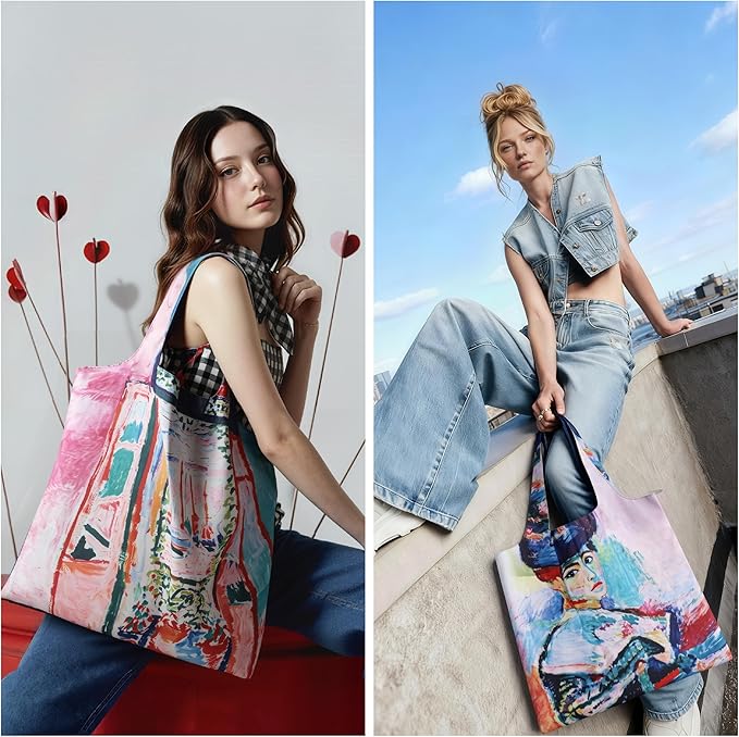 Reusable Grocery Bags, Oil Painting Art Tote Bags With Carry Pouch Waterproof Shopping Bags for Travel Daily Use