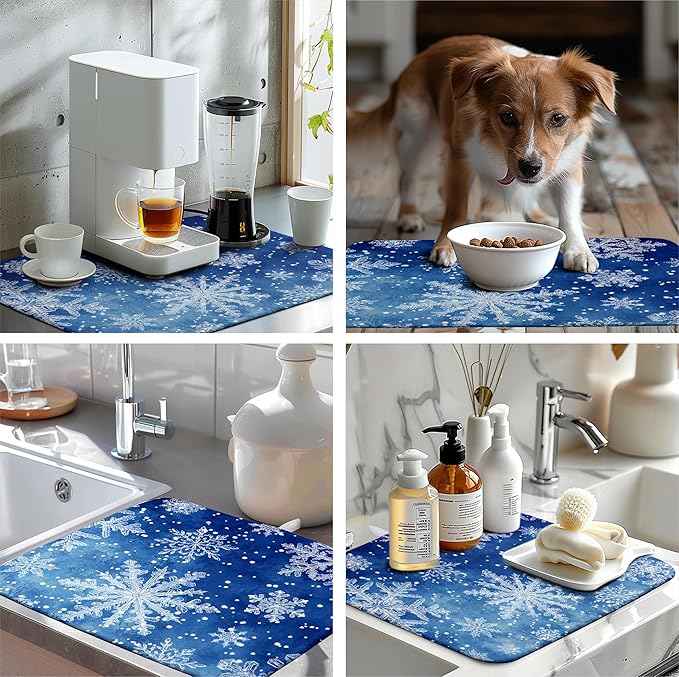 Winter Blue Snowflake Dish Drying Mat for Kitchen Counter Merry Christmas Snowflakes Drying Mats Xmas Holiday Dish Draining Mat Microfiber Absorbent Dish Drainer Rack Pad 18x24 Inch