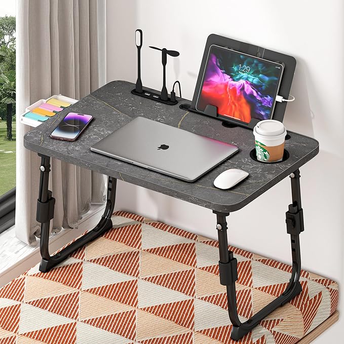Laptop Desk for Bed, Height Adjustable, Lap Bed Table with USB/Storage Drawer/Cup Holder/Tablet Stand/Book Shelf, Foldable Breakfast Tray Portable for Reading Writing, Sofa & Floor, Deep Stone Texture