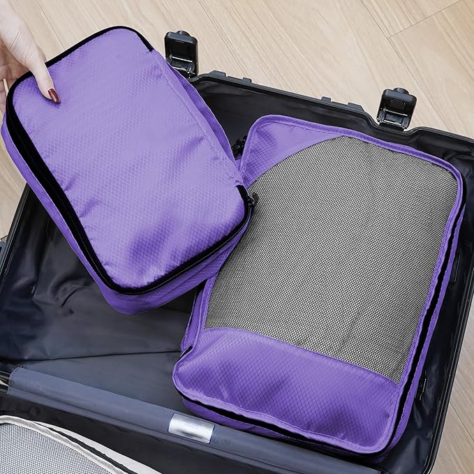 8-Piece Packing Cubes for Travel, Mesh Luggage Organizers with Shoe Bag, Toiletry Bag, Laundry Pouches, 4 Sizes (XL/L/M/S) for Suitcase Organization, Men Women Kids, Purple