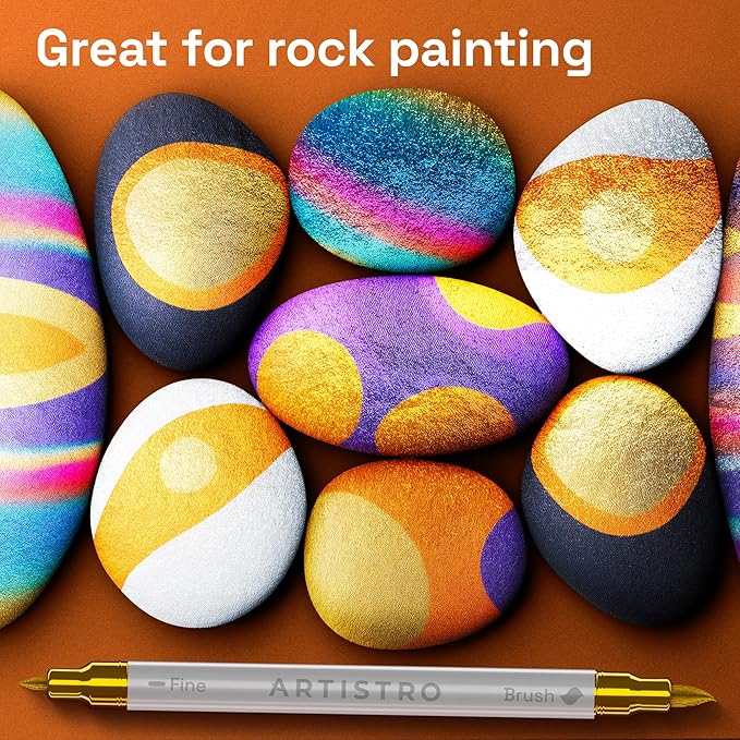 ARTISTRO 36 Metallic Acrylic Paint Markers - Paint Pens for Drawing, Brush + Fine Tips - For Fabric, Rock, Glass, Wood, DIY - Art & Craft Supplies for Adults, Teens, Kids - Teacher Appreciation Gift
