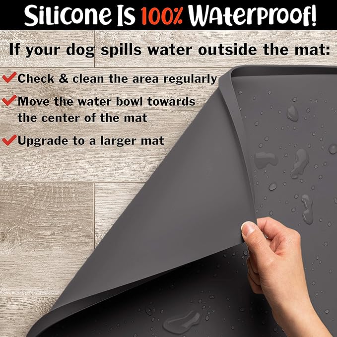 DogBuddy Dog Food Mat – Waterproof Dog Bowl Mat for Food and Water, Silicone Pet Feeding Mats For Floors, Non-Slip Placemat with High Edges For Dogs Bowls, Puppy Essentials (XL: 28" x 18", Shadow)