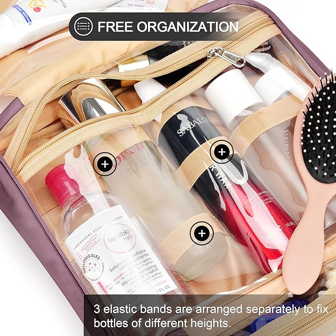 Travel Hanging Toiletry Bag for Women and Men, with 8 Leak-Proof Silicone Bottle Covers, Waterproof Makeup Accessories, Cosmetic Essentials, Toiletries Dopp Kit Set with Jewelry Organizer, Purple