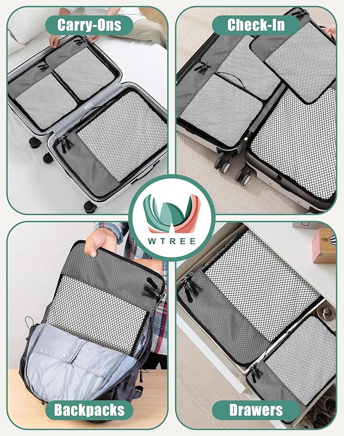4-Piece Packing Cubes Travel Accessories Set for Suitcases - Luggage Organizer Bags with Double Zipper - Mesh Top - Large - Dark Grey