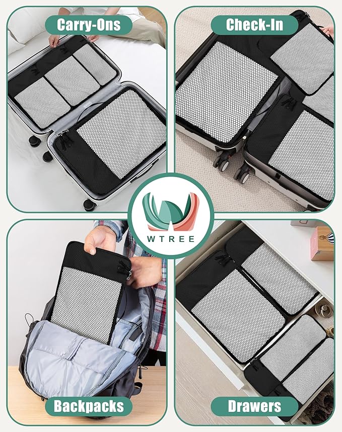 4-Piece Packing Cubes Travel Accessories Set for Suitcases - Luggage Organizer Bags with Double Zipper - Mesh Top - Small/Medium/Large/Slim - Black