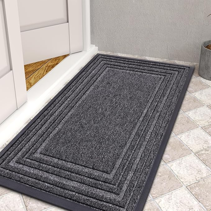 Buganda Front Door Mat Indoor Outdoor Entrance, Non-Slip Natural Rubber Doormats, Easy Clean, Low Profile, Dirt Trapper Entryway Floor Mats for Outside, Garages and Patios, 29.5x17, Silver Grey