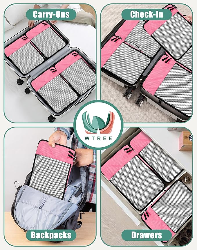 4-Piece Packing Cubes Travel Accessories Set for Suitcases - Luggage Organizer Bags with Double Zipper - Mesh Top - Small - Pink
