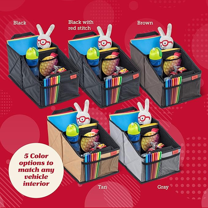 Lusso Gear Car Seat Organizer - Built-In Car Cup Holders & Mesh Pockets - Foldable Back Seat Organizer with Handles - Kids Road Trip Essentials - 9 Compartments, Black Oxford