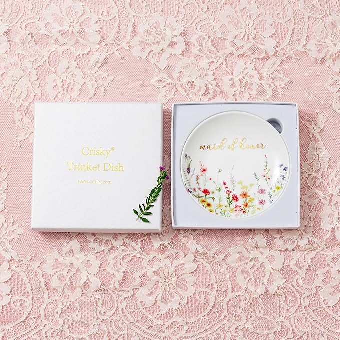 Crisky Jewelry Ring Dish for Maid of Honor Gifts from the Bride, Personalized Bridesmaid Proposal Gifts Idea Trinket Tray